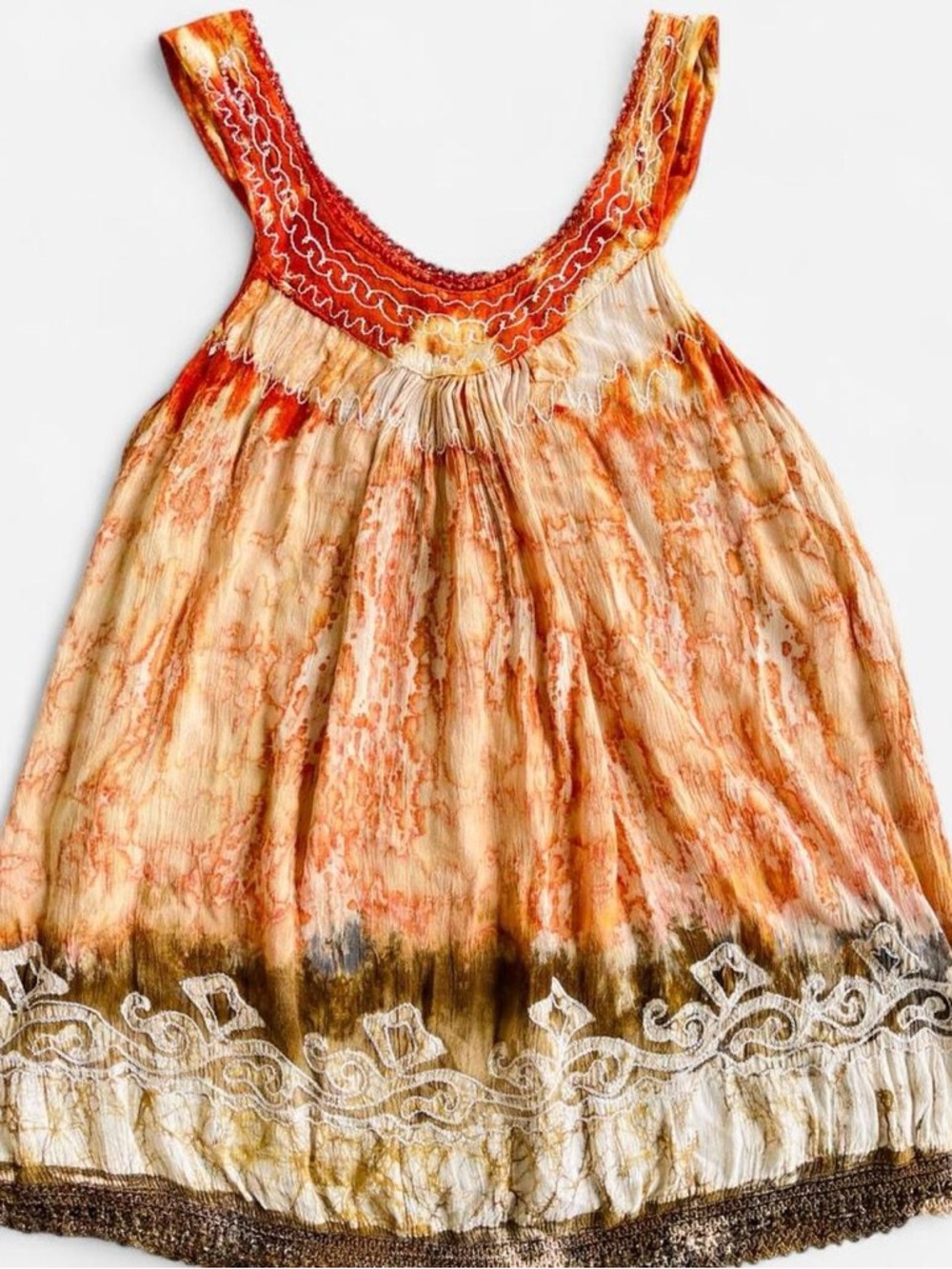 Earthy Boho Hippie Orange Green Tie Dye Embroidered Tunic Top Tank OS Summer - Picture 2 of 8